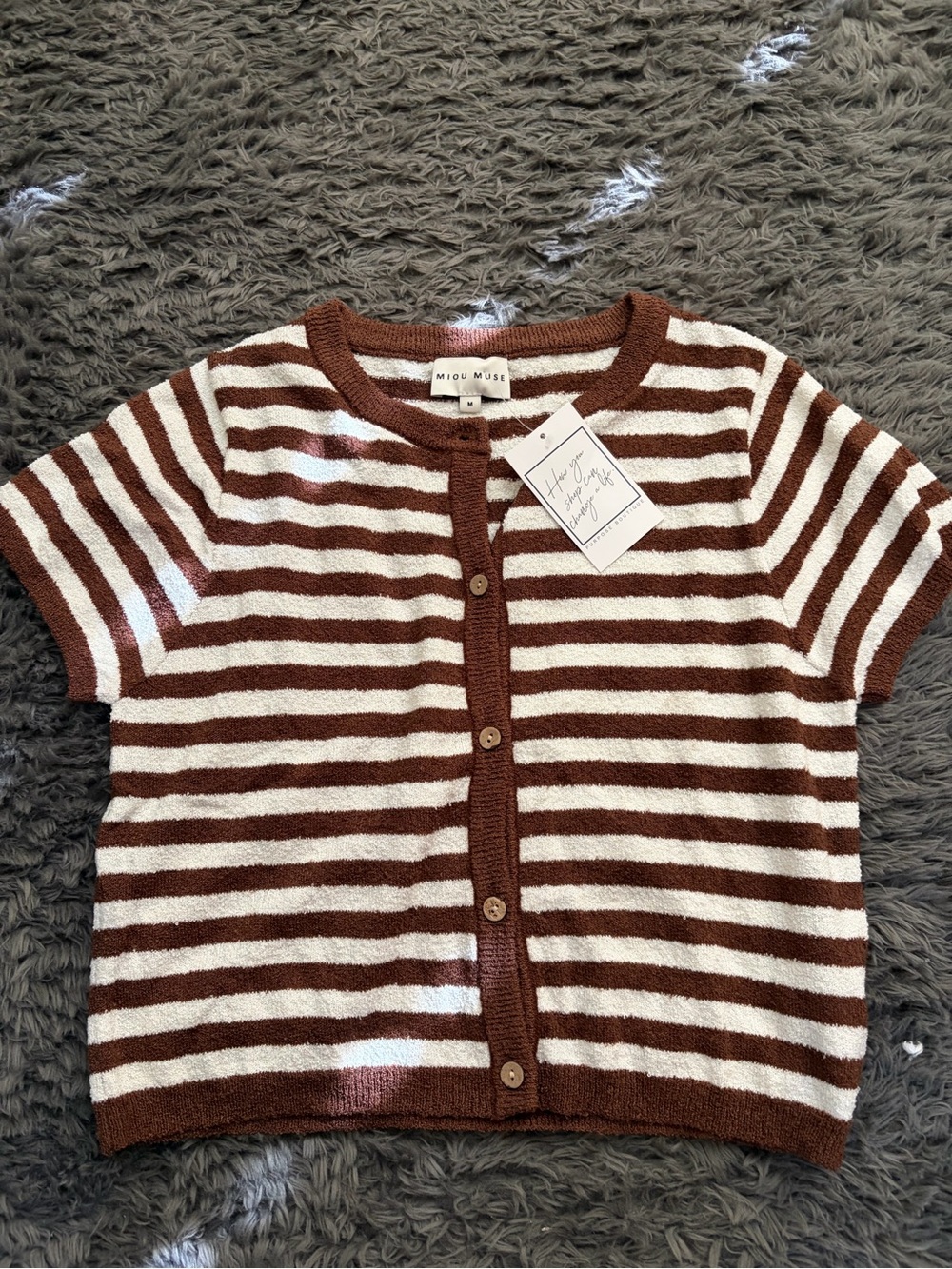 Miou Muse Brown & White Striped Button-Front Knit Top
